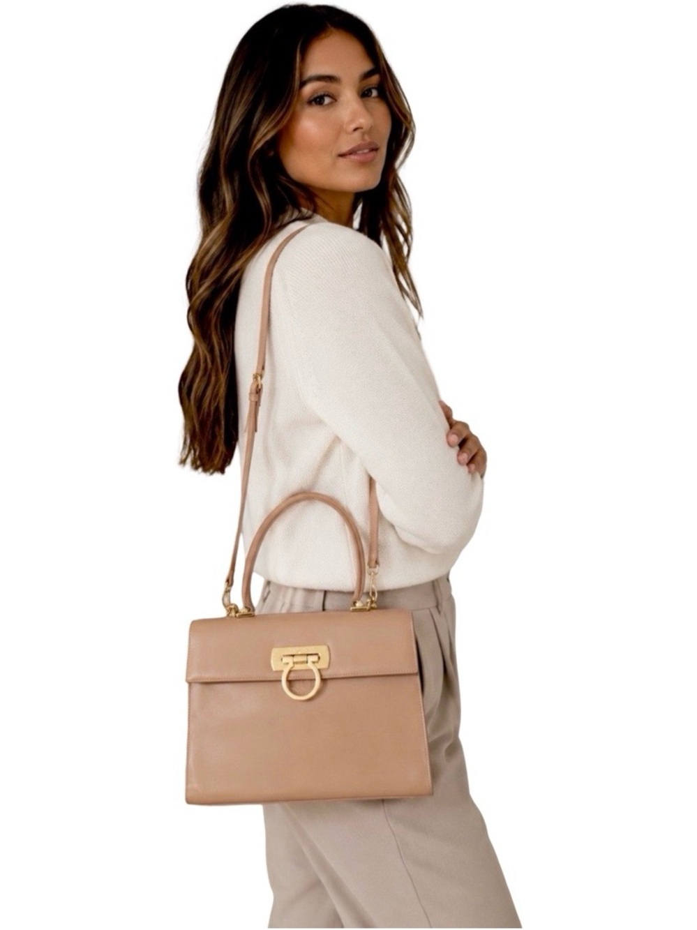 Salvatore Ferragamo Gancini Top Handle Bag Tan Leather Gold Hardware Designer
